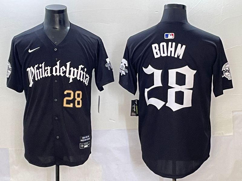 Men 2025 Philadelphia Phillies #28 Bohm Black Five generations Joint Name Nike MLB Jersey style 3